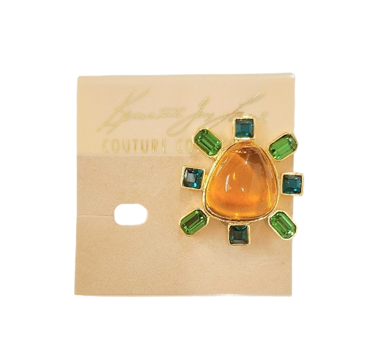 Gold-Emerald Sides Topaz Cabochon Center Clip Earring