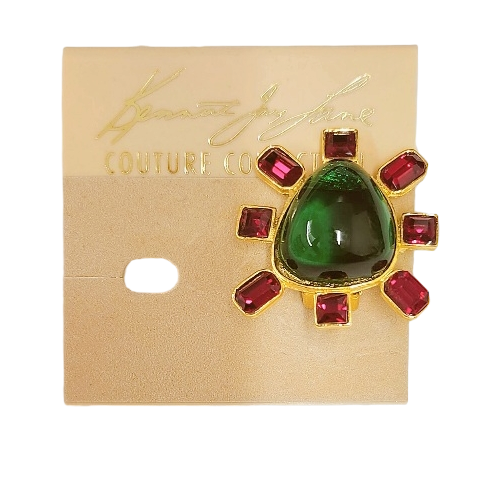 Gold-Ruby Sides Emerald Cab Center Clip Earring