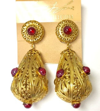 Antique Gold Ruby Cabochons Filigree Drop Pierced Earring