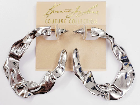 2"x1.5" Polished Silver Textured Oval Post Hoop Earring