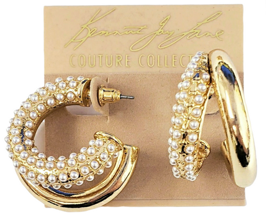 Polished Gold with Pearl Double Hoop Post Earring
