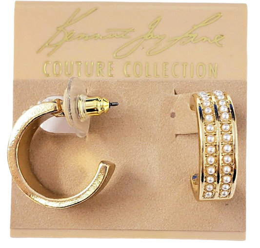 3-4" x 3-4" Gold Post Hoop Earring with 2 Rows of Pearl Dots