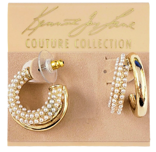 3-4" x 3-4" 2 Row Polished Gold with Pearl Post Hoop Earring