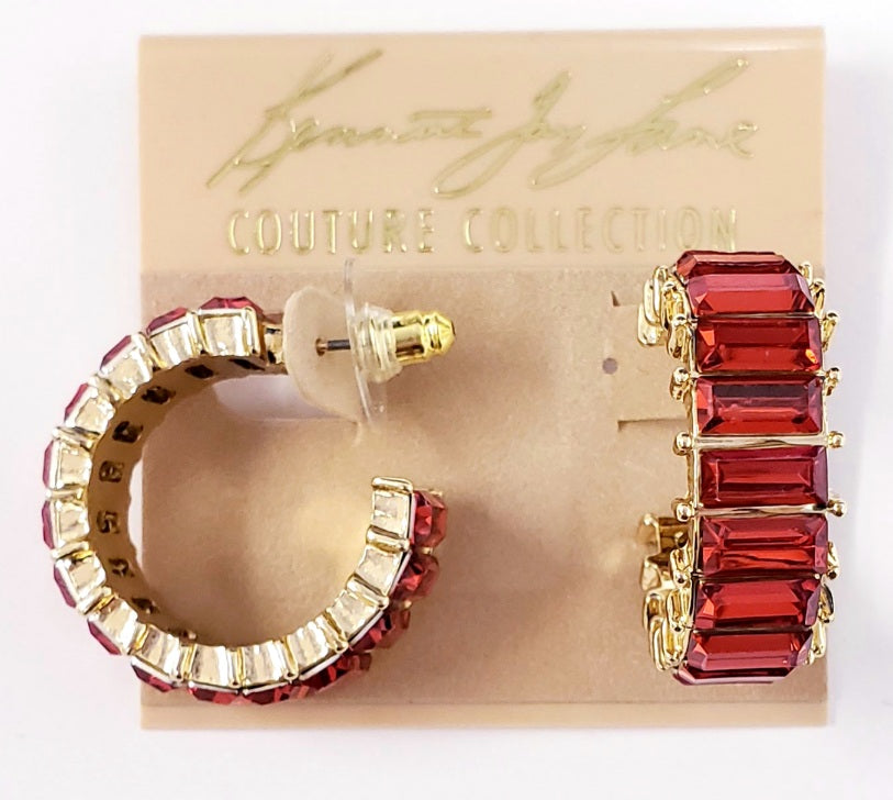 Gold Post Hoop Earring with Rectangle Ruby Baguette Stones