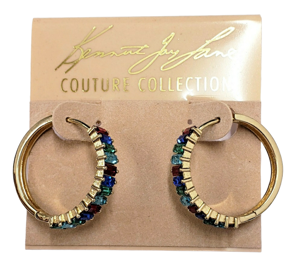 Gold with Multi Color Baguettes Hoop Pierced Earring