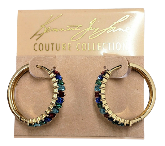 Gold with Multi Color Baguettes Hoop Pierced Earring