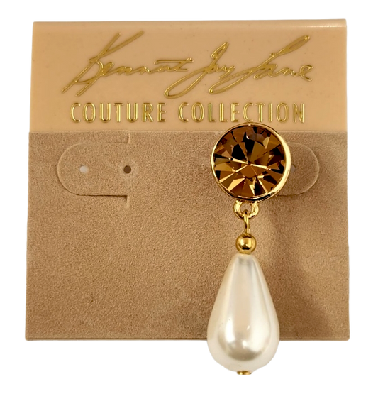 Gold Topaz Round Top and Pearl Drop Post Earring