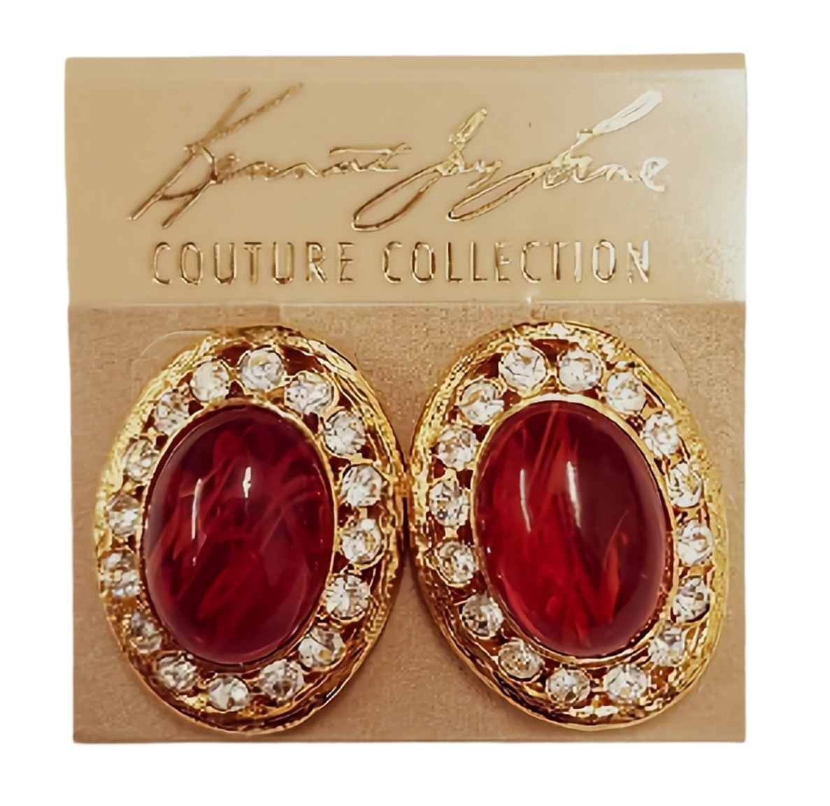 Gold with Rhinestone Oval Flaw Ruby Cabochon Center Post Earring