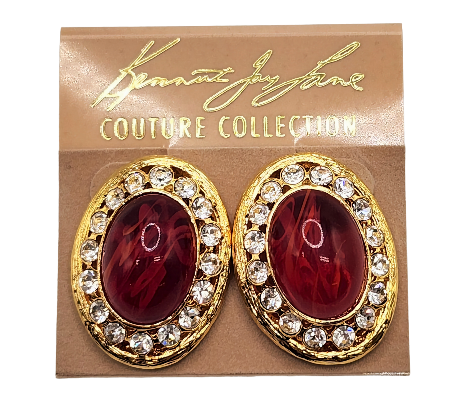 Gold with Rhinestone Oval Flaw Ruby Cabochon Center Post Earring