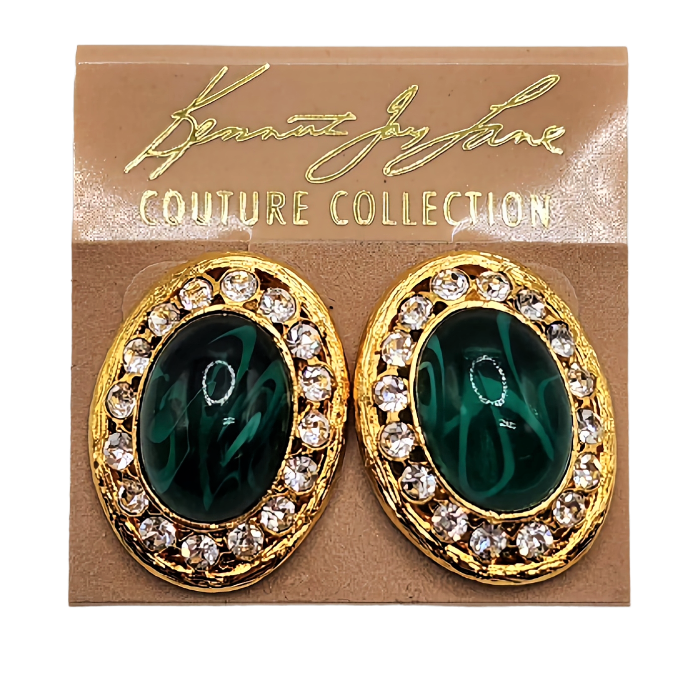 Gold with Rhinestone Oval Flaw Emerald Cabochon Center Post Earring