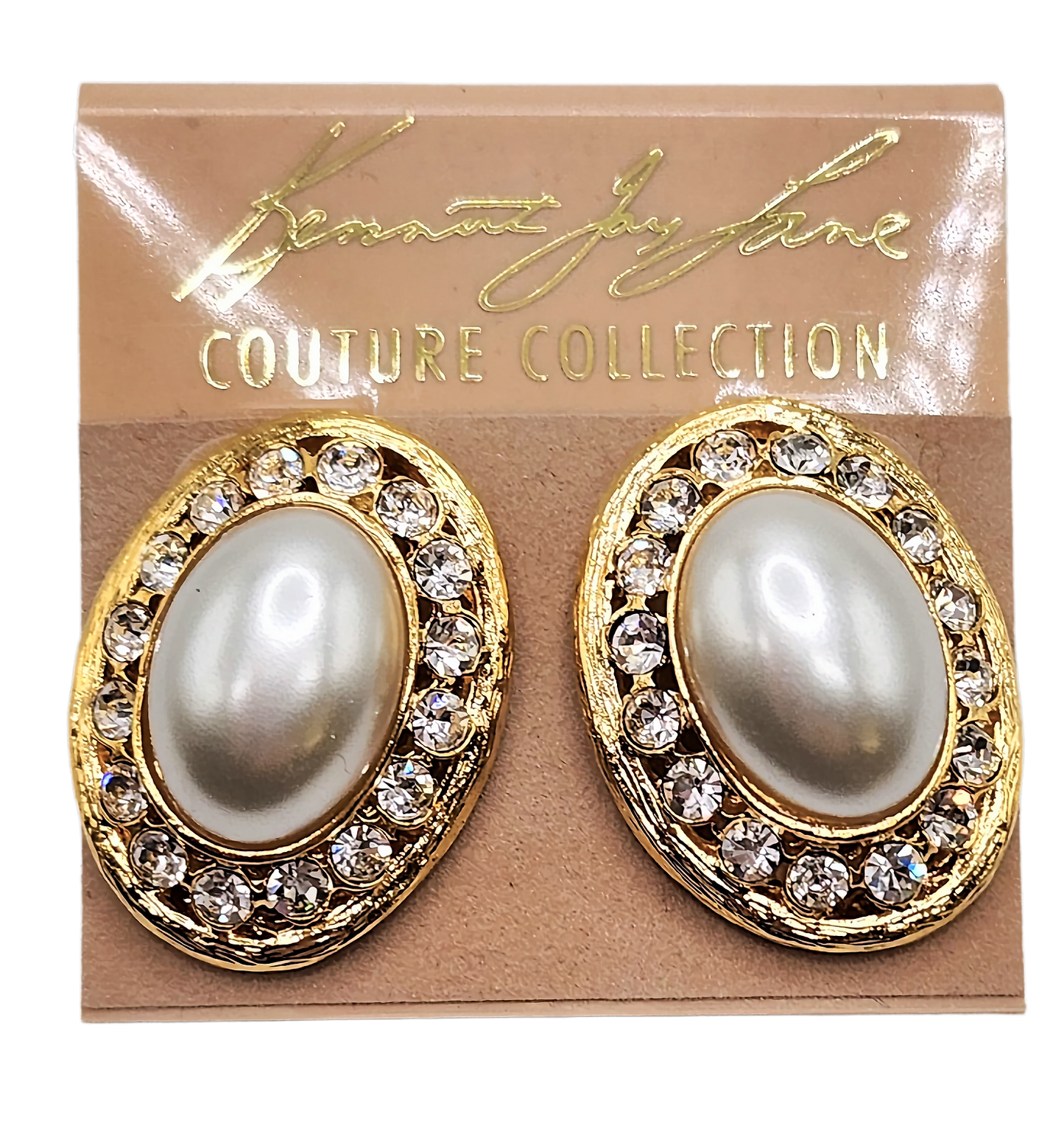 Gold with Rhinestone Oval Pearl Cabochon Center Post Earring