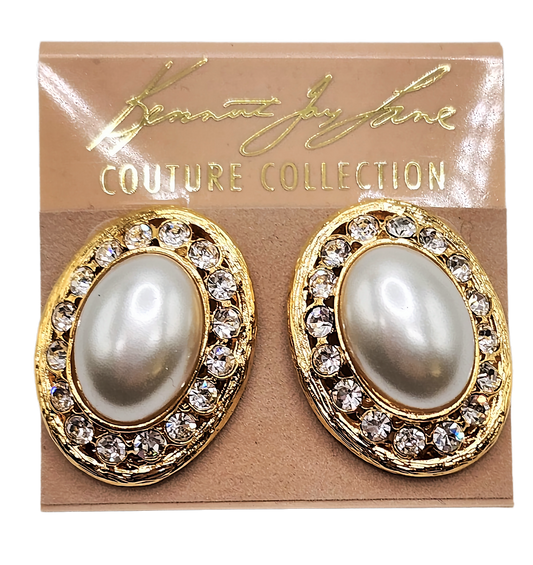 Gold with Rhinestone Oval Pearl Cabochon Center Post Earring