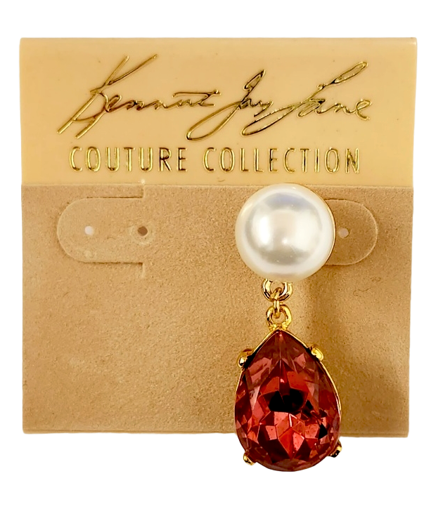 Gold with White Pearl Top and Rose Stone Teardrop Post Earring