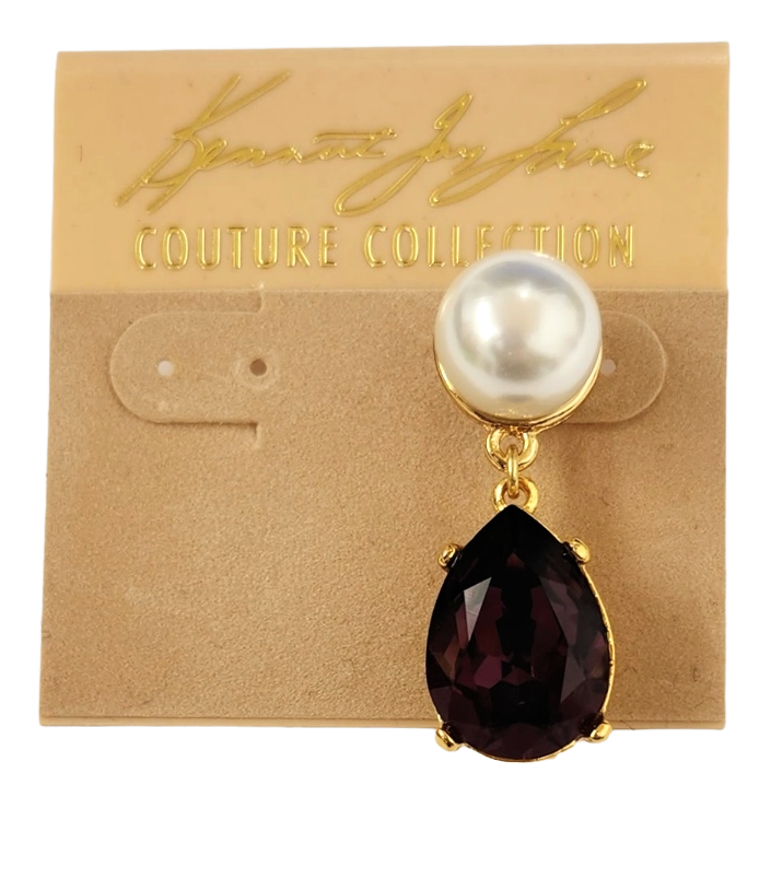 Gold with White Pearl Top and Amethyst Stone Teardrop Post Earring