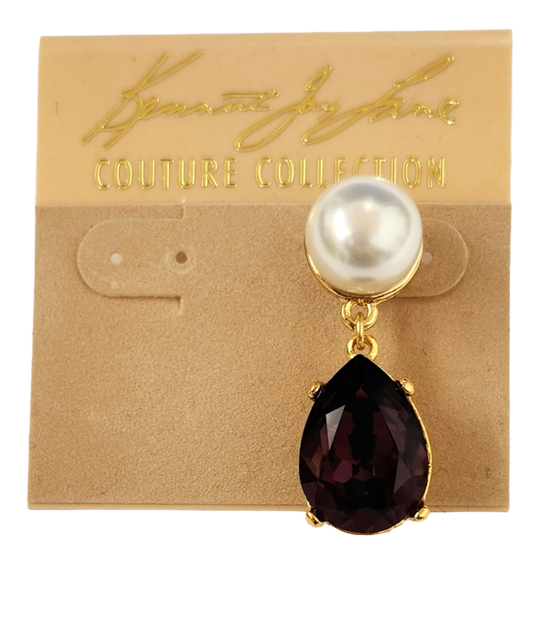Gold with White Pearl Top and Amethyst Stone Teardrop Post Earring