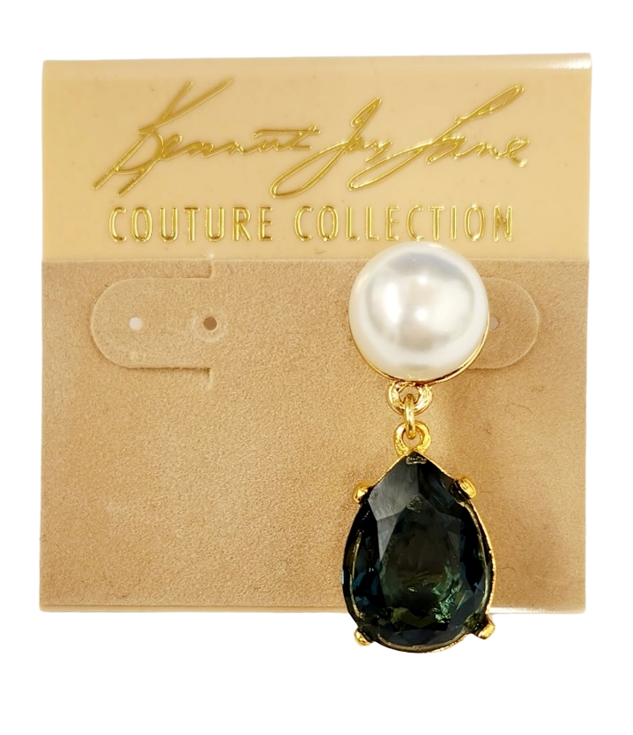 Gold with White Pearl Top and Sapphire (Montana) Stone Teardrop Post Earring