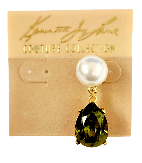 Gold with White Pearl Top and Olivine Stone Teardrop Post Earring