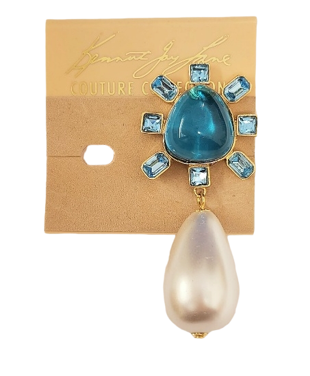 Gold-Aqua Side with Aqua Cabochon Center Pearl Drop Clip Earring