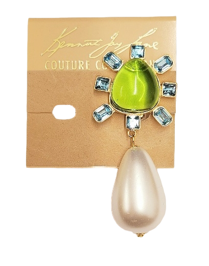 Gold-Aqua Side with Peridot Cabochon Center Pearl Drop Clip Earring