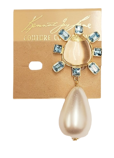 Gold-Aqua Side with Clear Cabochon Center Pearl Drop Clip Earring