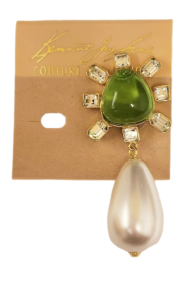 Gold-Crystal Side with Peridot Cabochon Center Pearl Drop Clip Earring