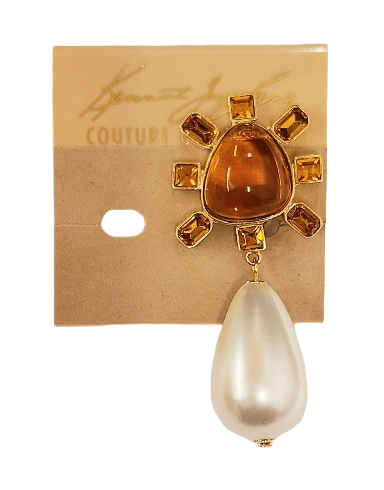 Gold-Topaz Side with Topaz Cabochon Center Pearl Drop Clip Earring