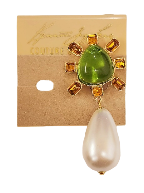 Gold-Topaz Side with Peridot Cabochon Center Pearl Drop Clip Earring