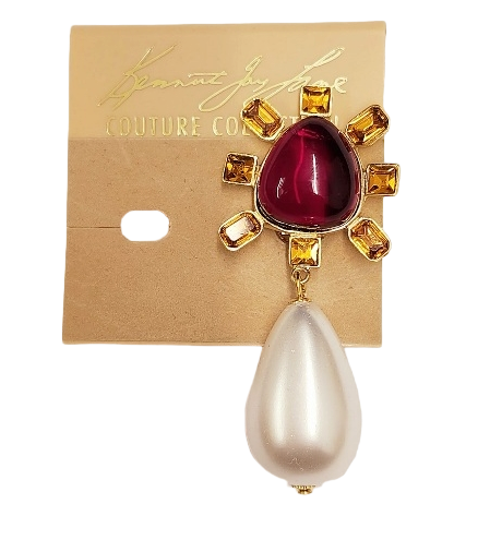 Gold-Topaz Side with Ruby Cabochon Center Pearl Drop Clip Earring