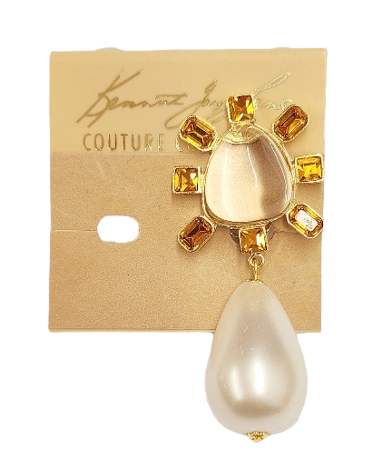 Gold-Topaz Side with Clear Cabochon Center Pearl Drop Clip Earring