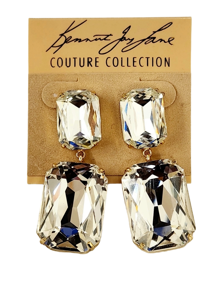 2" x 3-4" Gold With Elongated Octagon Crystal Top & Bottom Stones Post Earring