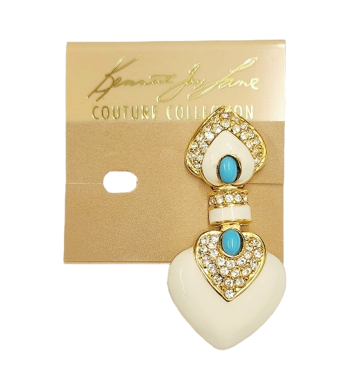 2.25" x 1" Gold Rhinestone Ivory Heart with Turquoise Center Drop clip earring