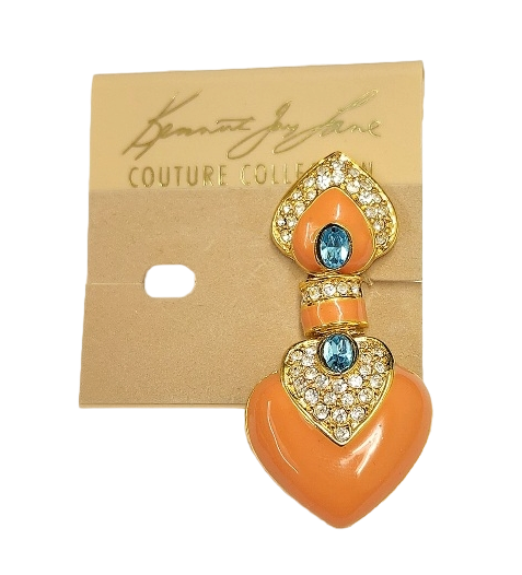 2.25" x 1" Gold Rhinestone Coral with Aqua Center Heart Drop Clip Earring