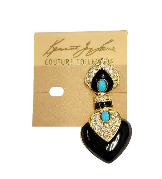 2.25" x 1" Gold Rhinestone Black Heart with Turquoise Centers Drop Clip Earring