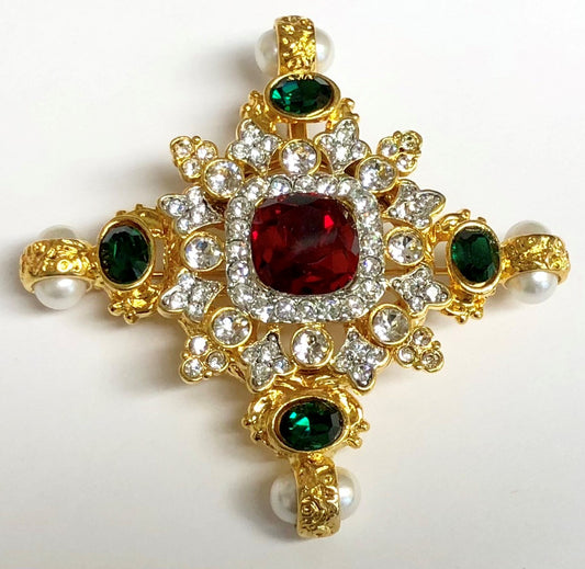 Gold Emerald Ruby Crystals Maltese Cross Pin Pendant