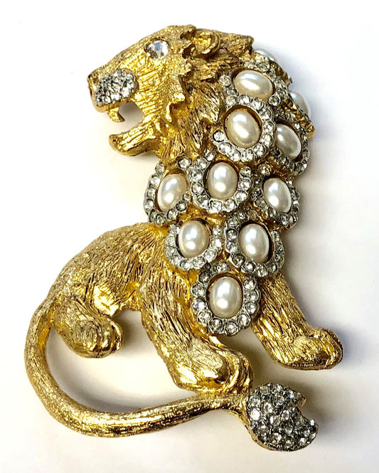 Gold With Crystals and Pearls Lion Pin