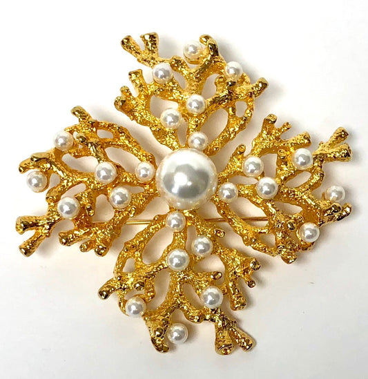 Gold With Pearl Coral Branch Pin