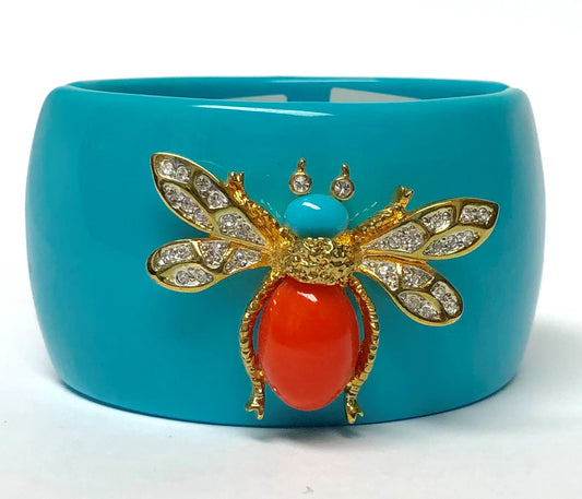 Turquoise Gold Turquoise-Coral Bee With Crystals Bracelet