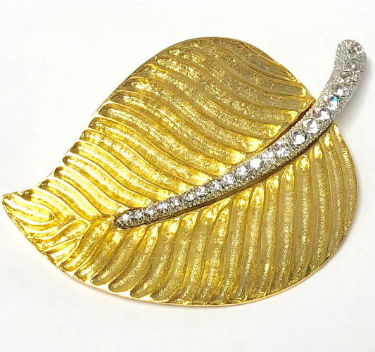 Gold Plated Leaf Silver & Crystal Stem Pin