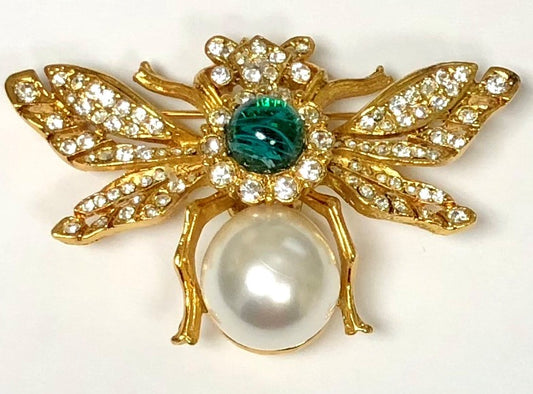 Gold With Emerald Pearl Bee Pin