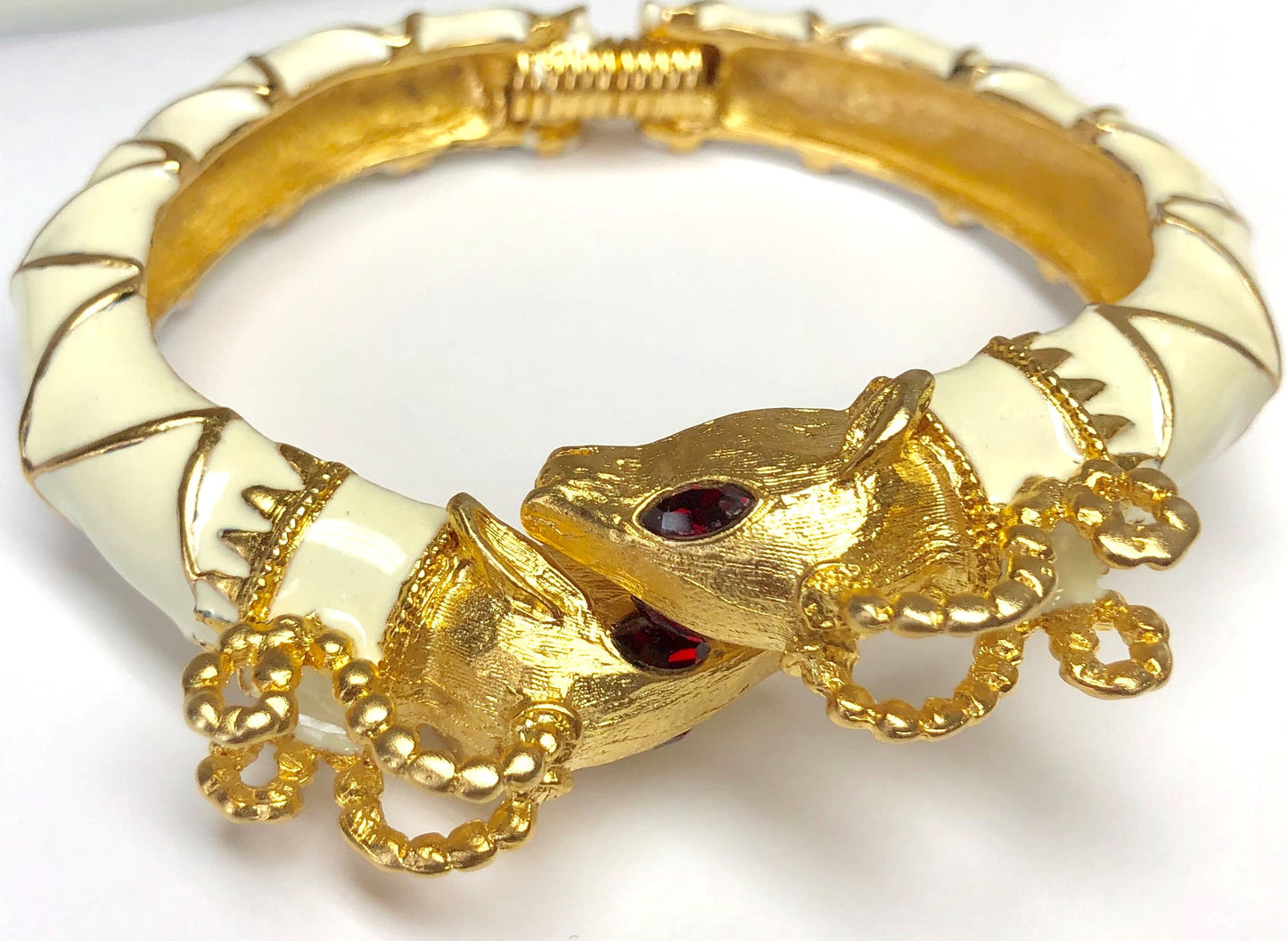 Gold White Enamel Double Rams Head Bracelet