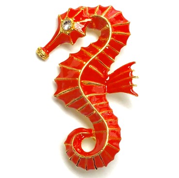 Gold Coral Enamel Seahorse Pin