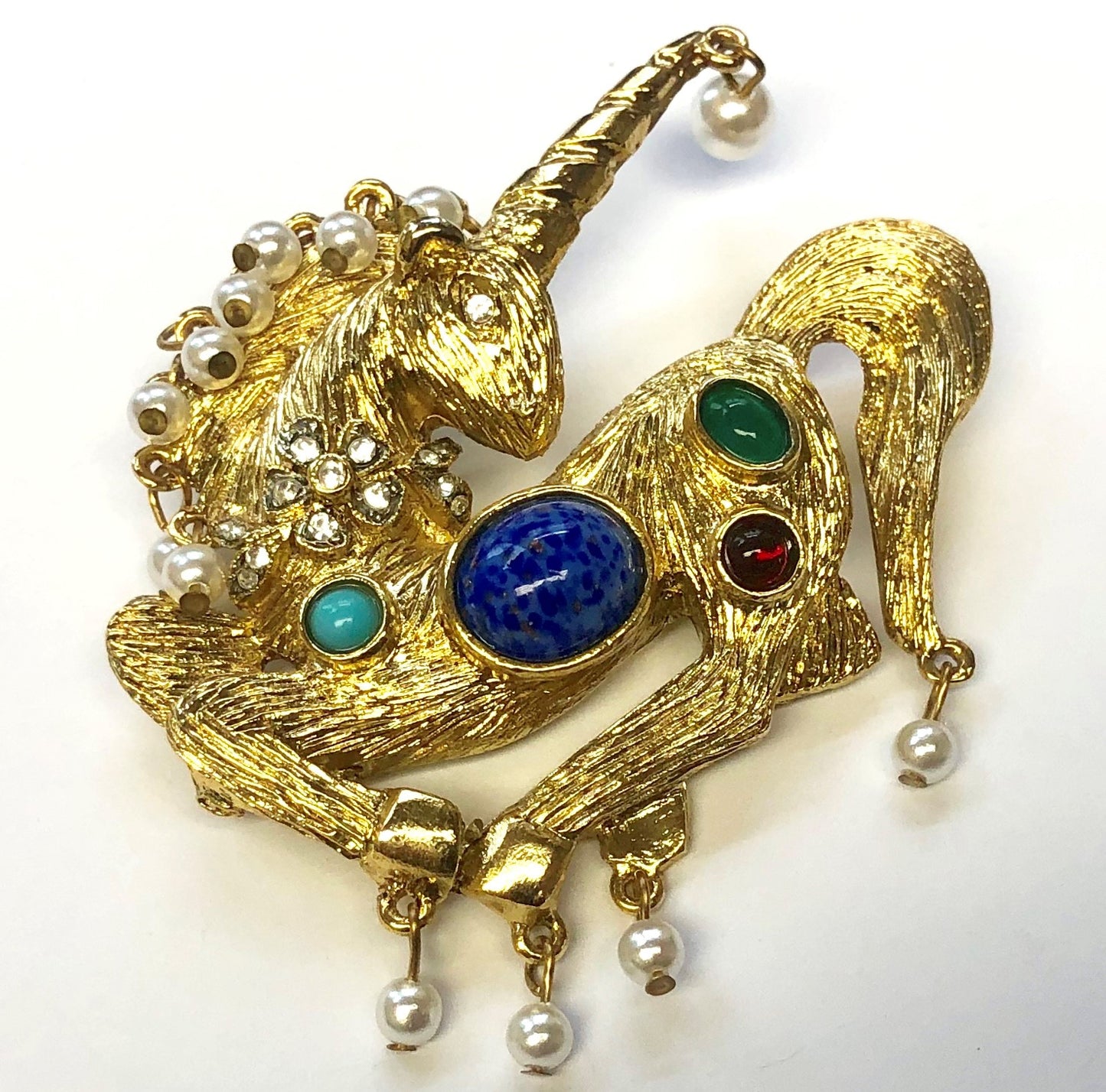 Gold Multi-Color Cabochons And Pearls Unicorn Pin