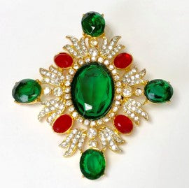 Gold Crystals-Emerald & Ruby Stones Maltese Cross Pin