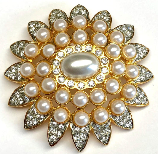 Gold With Crystals And Pearls Domed Flower Pin