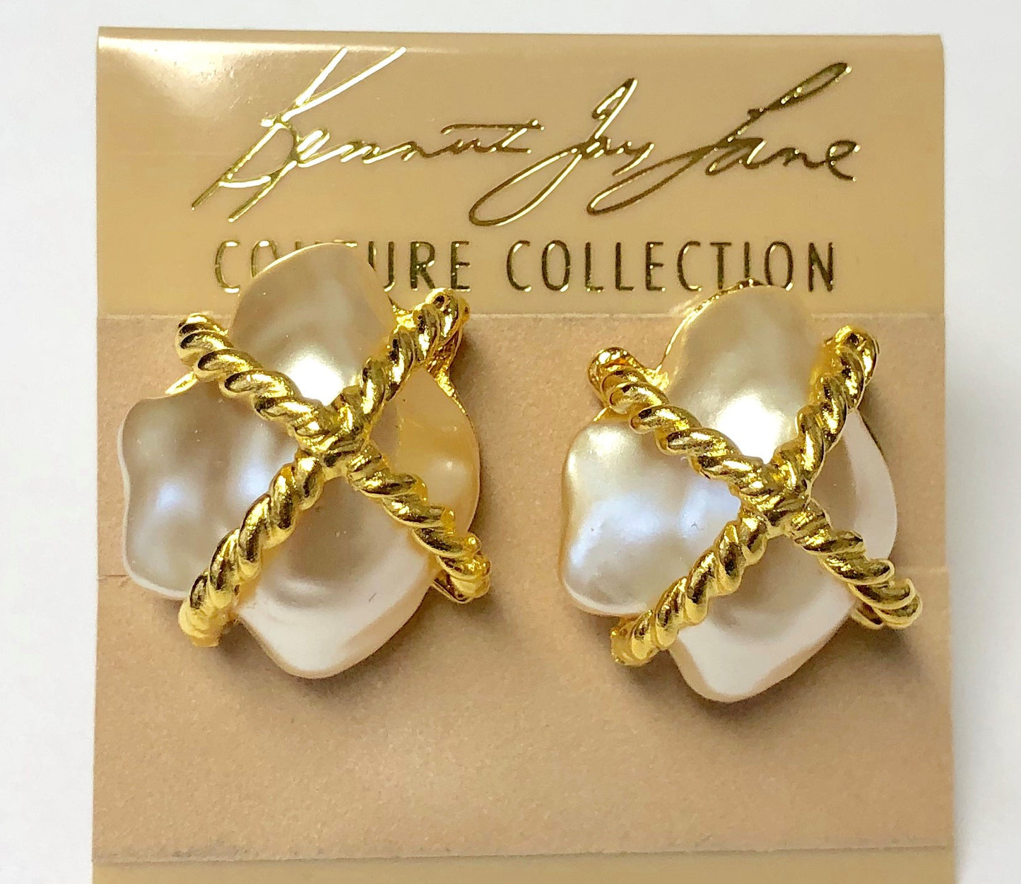 Gold White Pearl "X" Clip Earring