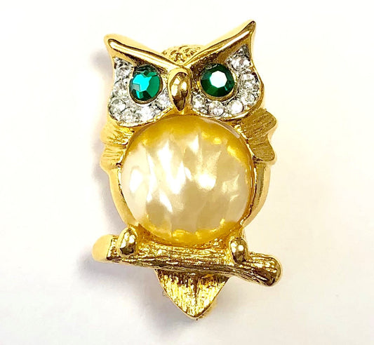 Gold Crystals And Pearl Body Owl Pin