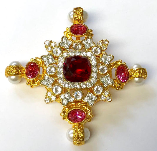 Gold Pink Ruby Crystal Pearl Maltese Cross Pin