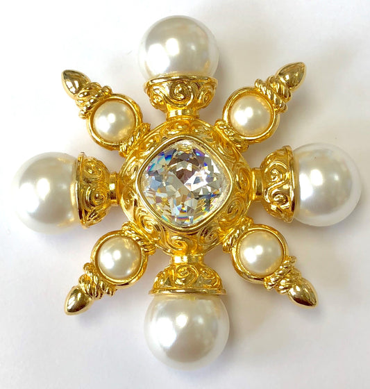 Gold With Pearls And Crystal Center Cross Pin