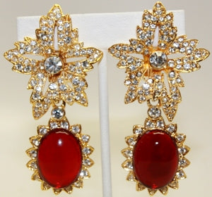 Jackie Onassis Flower Top Ruby Cabochon Clip Earring