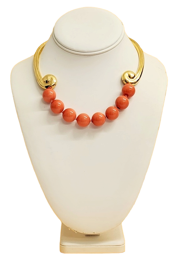 15" Gold With 16mm Coral Beads Hook Clasp Bib Necklace